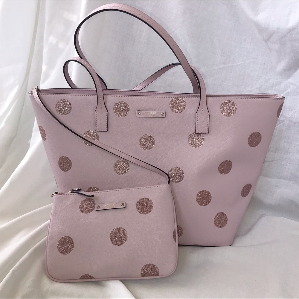 NWT Kate Spade pink and rose gold polka dot purse